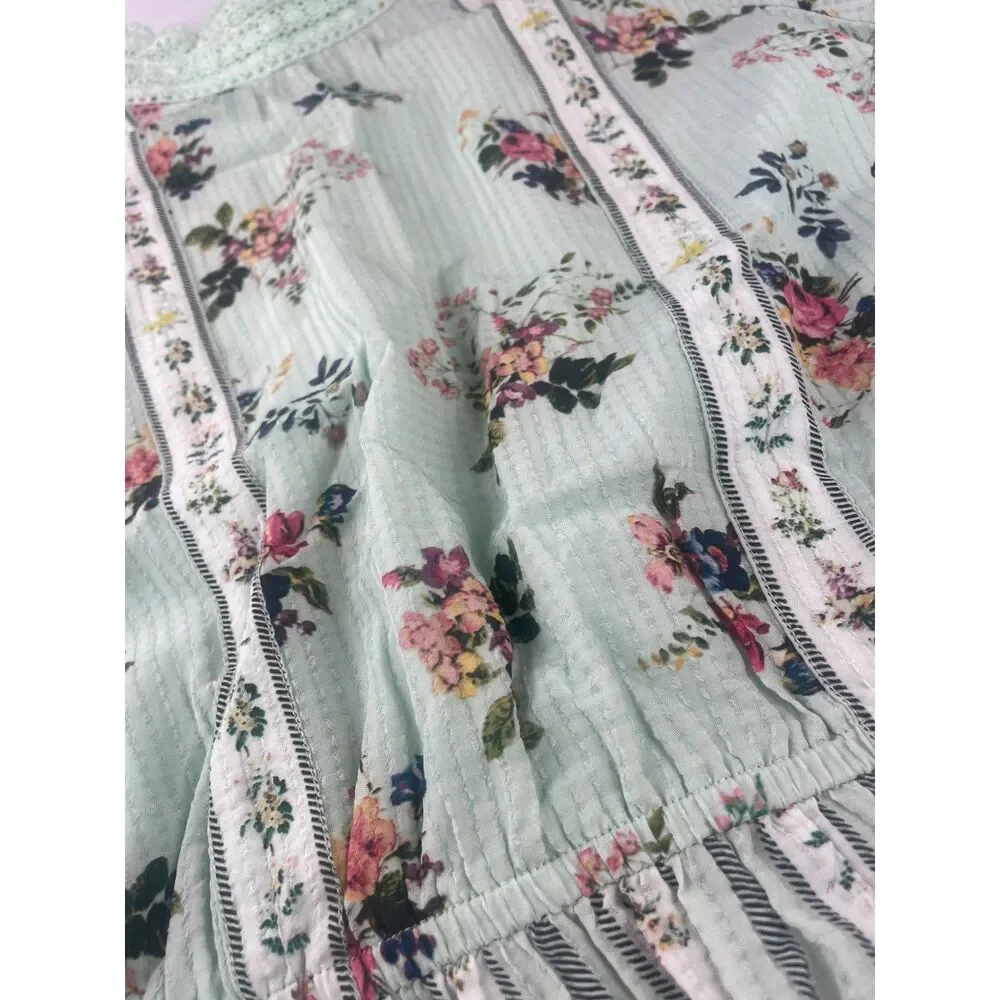 ~ Anthropologie XL Hemant & Nandita Blouse Floral Mint Lace Aqua Green Elastic - Picture 12 of 16